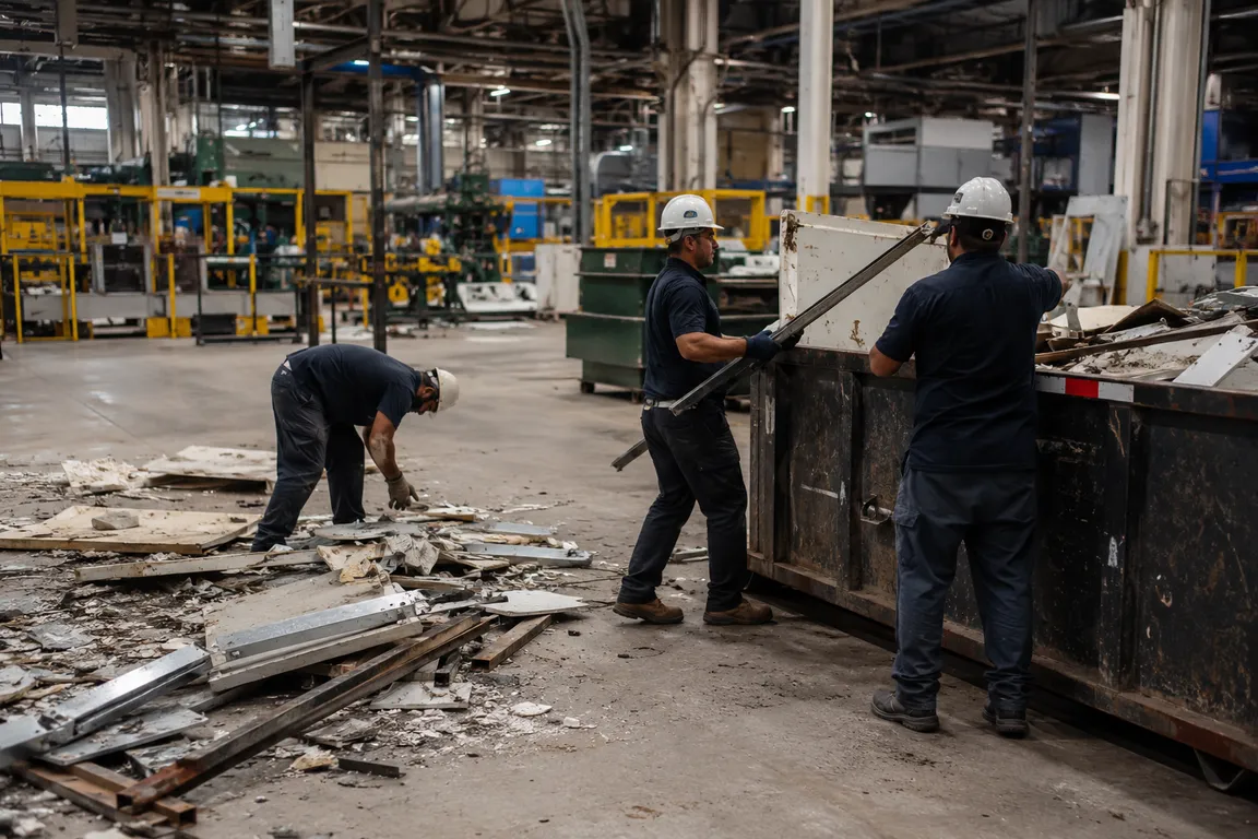 Crew hauling debris from an industrial factory facility