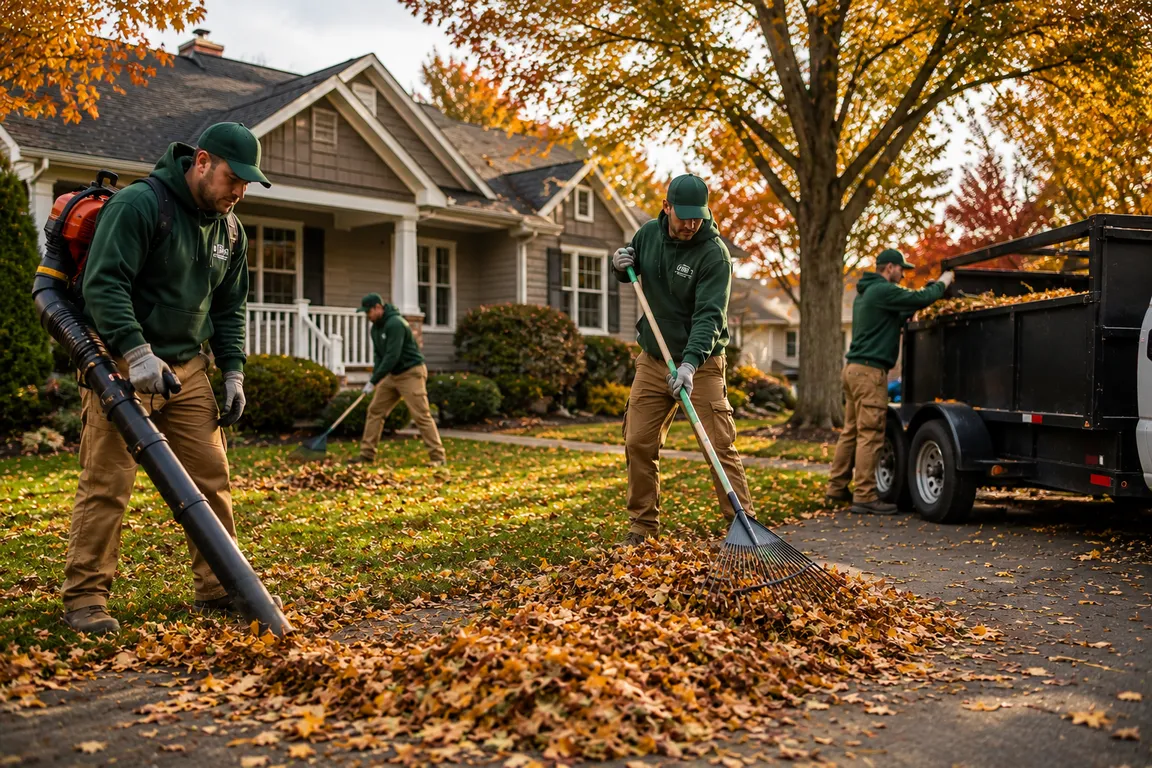 Fall cleanup crew removing leaves and seasonal debris