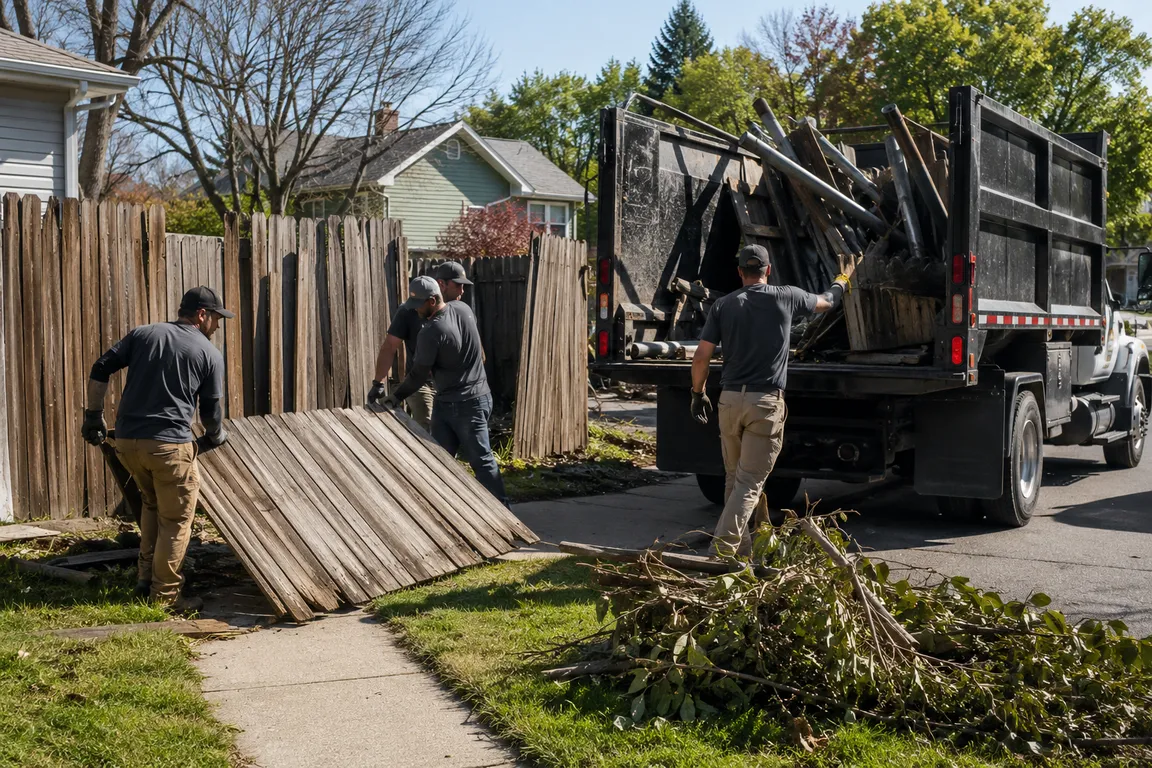 Fence disposal crew removing old fencing materials