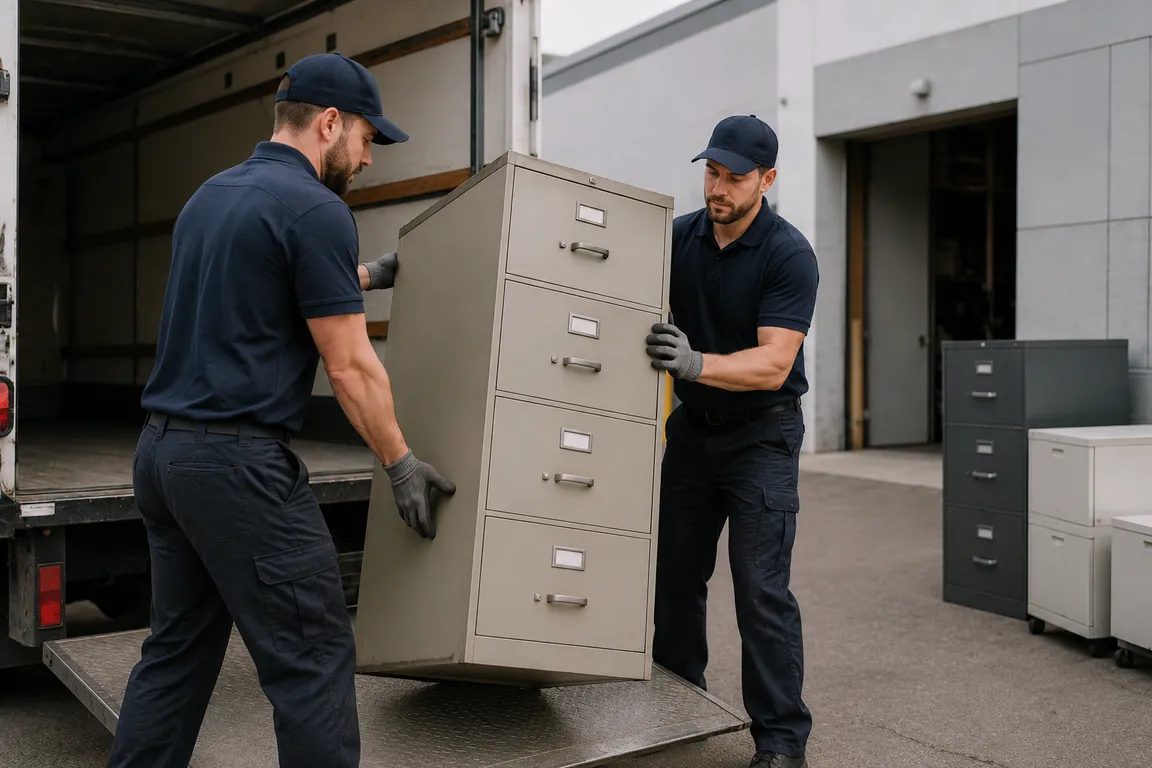 Crew removing heavy filing cabinets from an office