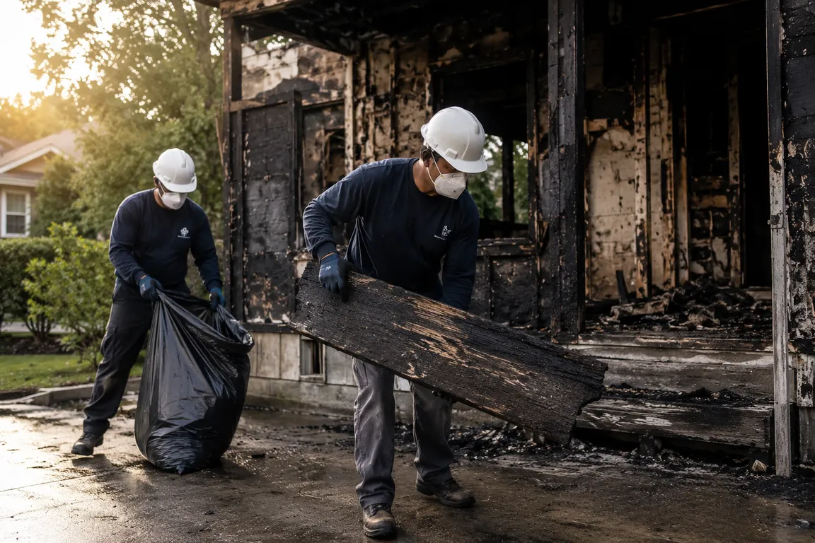 Crew removing fire-damaged debris from a property