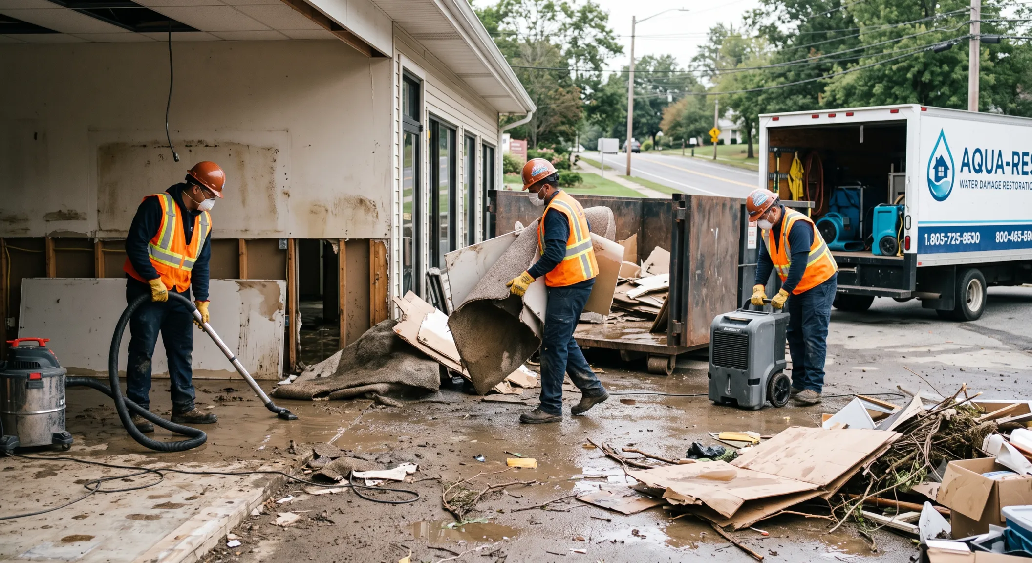 Crew removing flood-damaged debris from a property