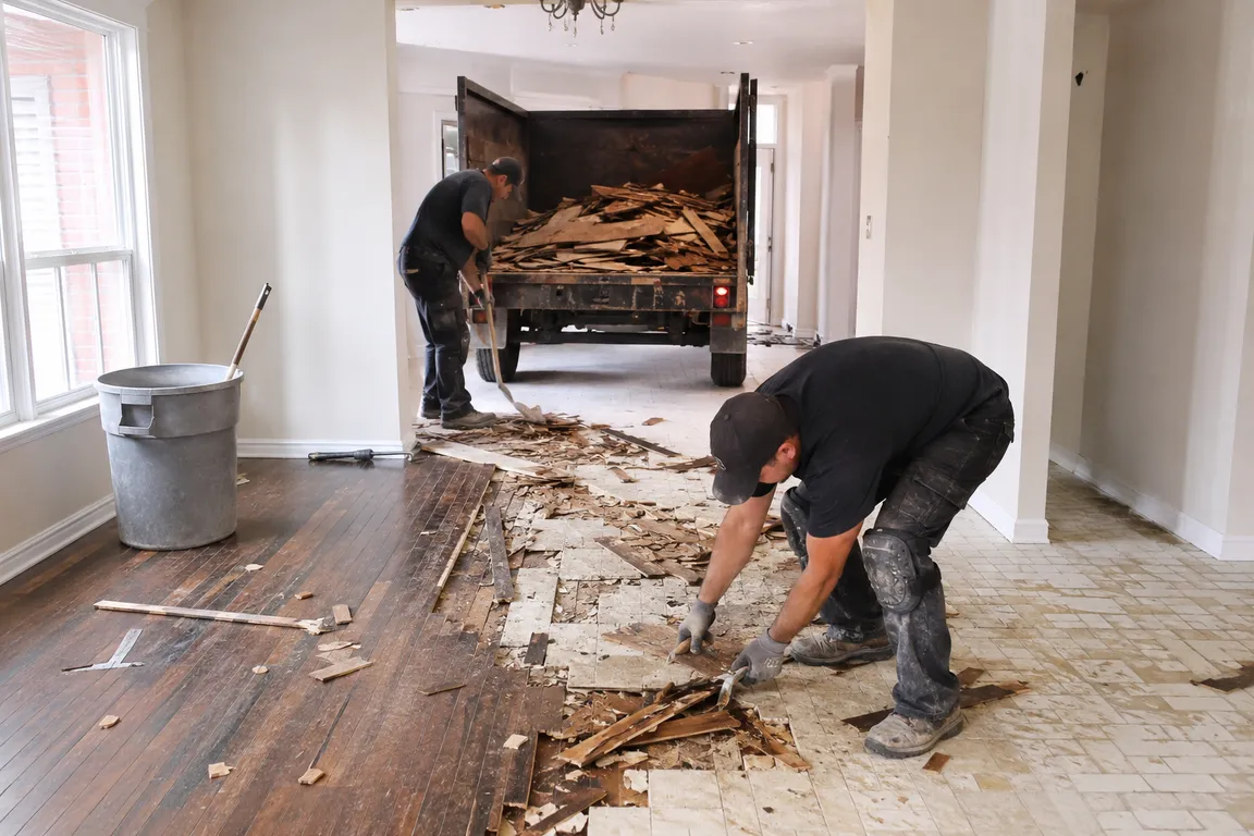 Flooring removal crew removing old flooring materials
