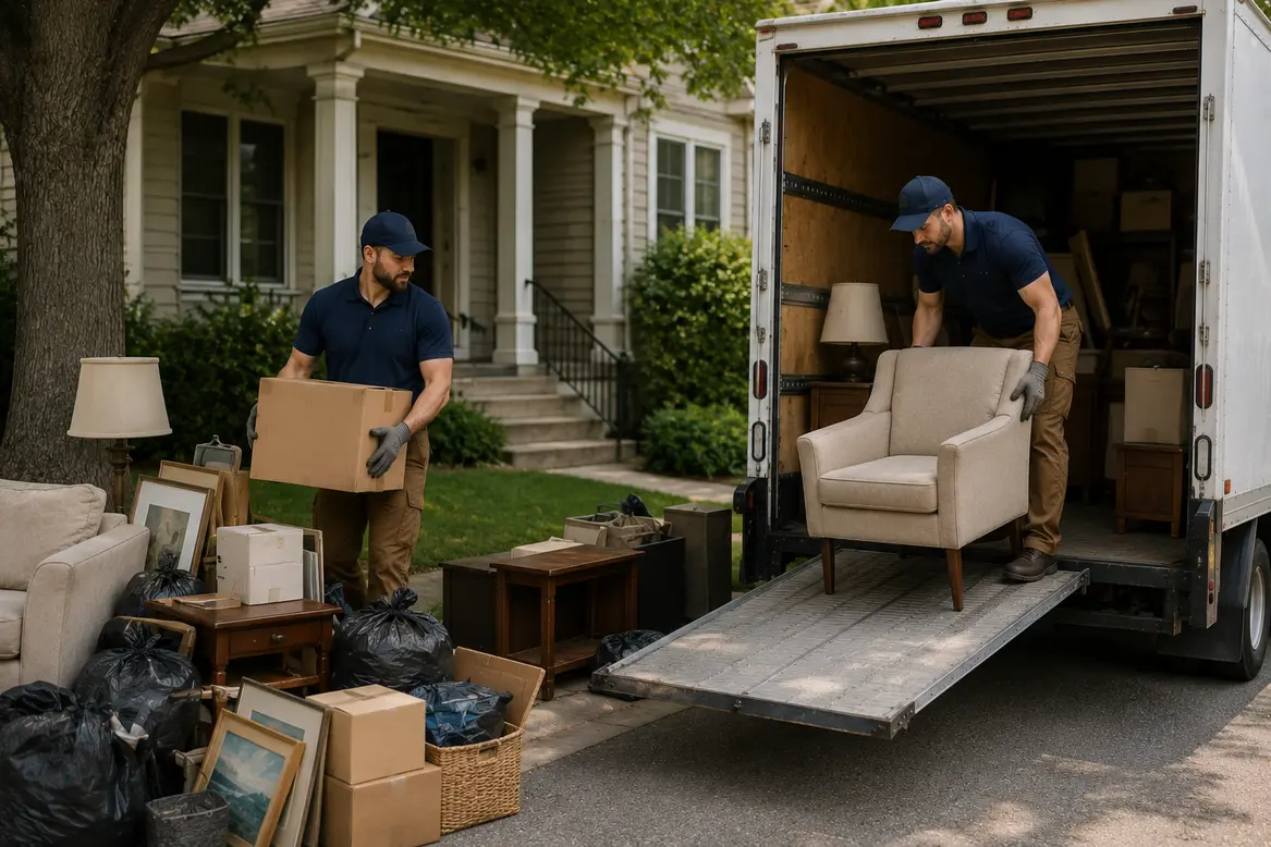 Full house cleanout team removing furniture and household items