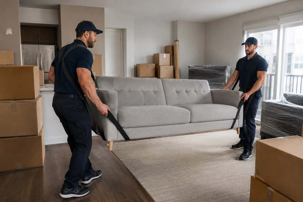 Furniture moving crew safely relocating household furniture