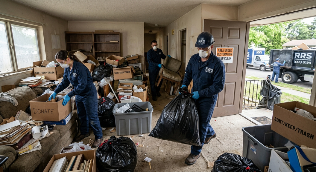 Hoarding cleanup team clearing clutter from residential property