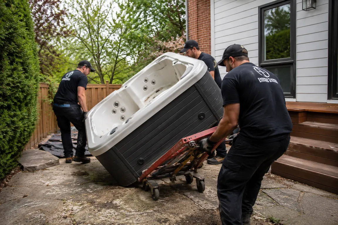 Hot tub removal crew dismantling an outdoor spa