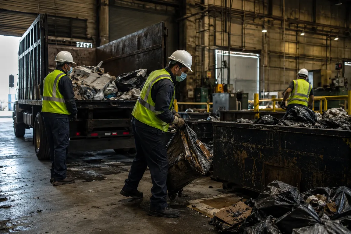 Industrial cleanup crew removing waste materials from a facility