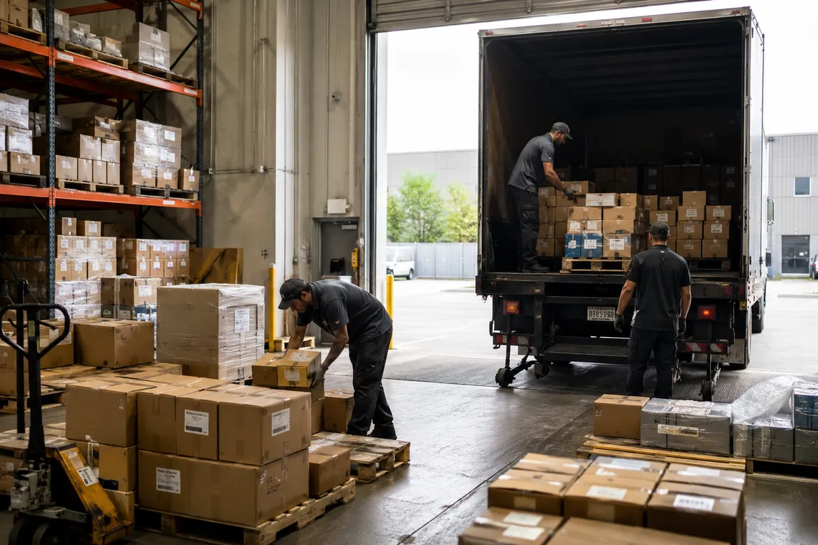 Crew removing excess inventory from a commercial facility