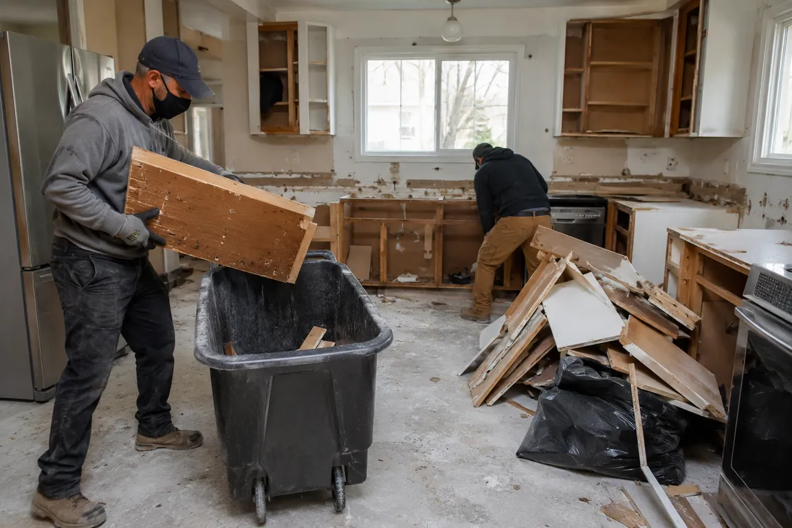 Kitchen renovation cleanup crew removing construction debris