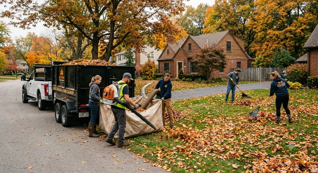 Leaf hauling crew collecting and removing seasonal leaves