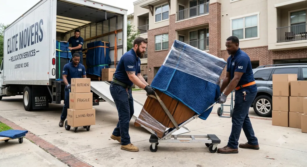 Loading and unloading crew handling furniture and equipment