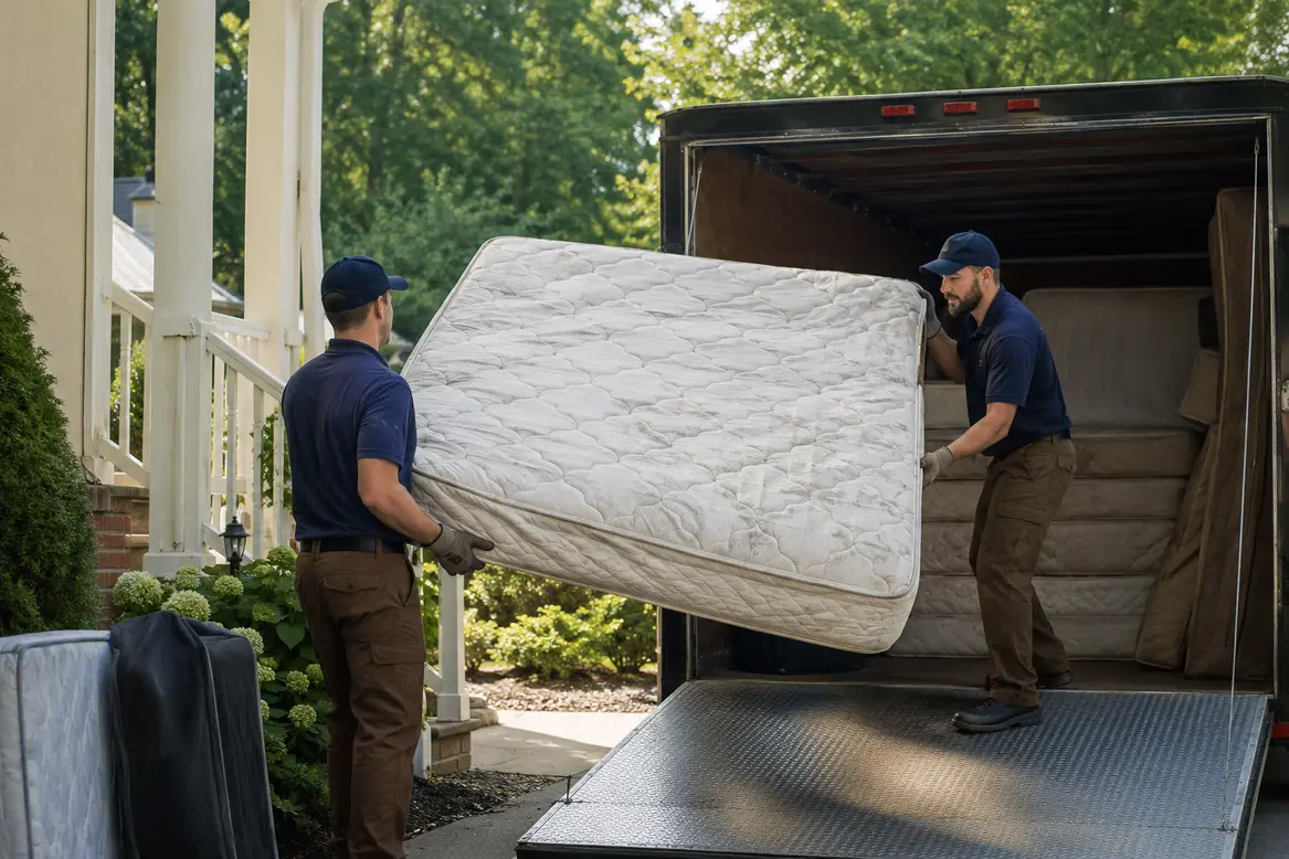 Mattress removal team removing old mattress from property