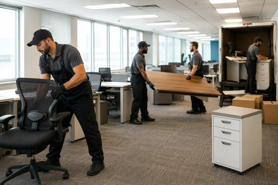 Office furniture removal crew clearing workplace furniture