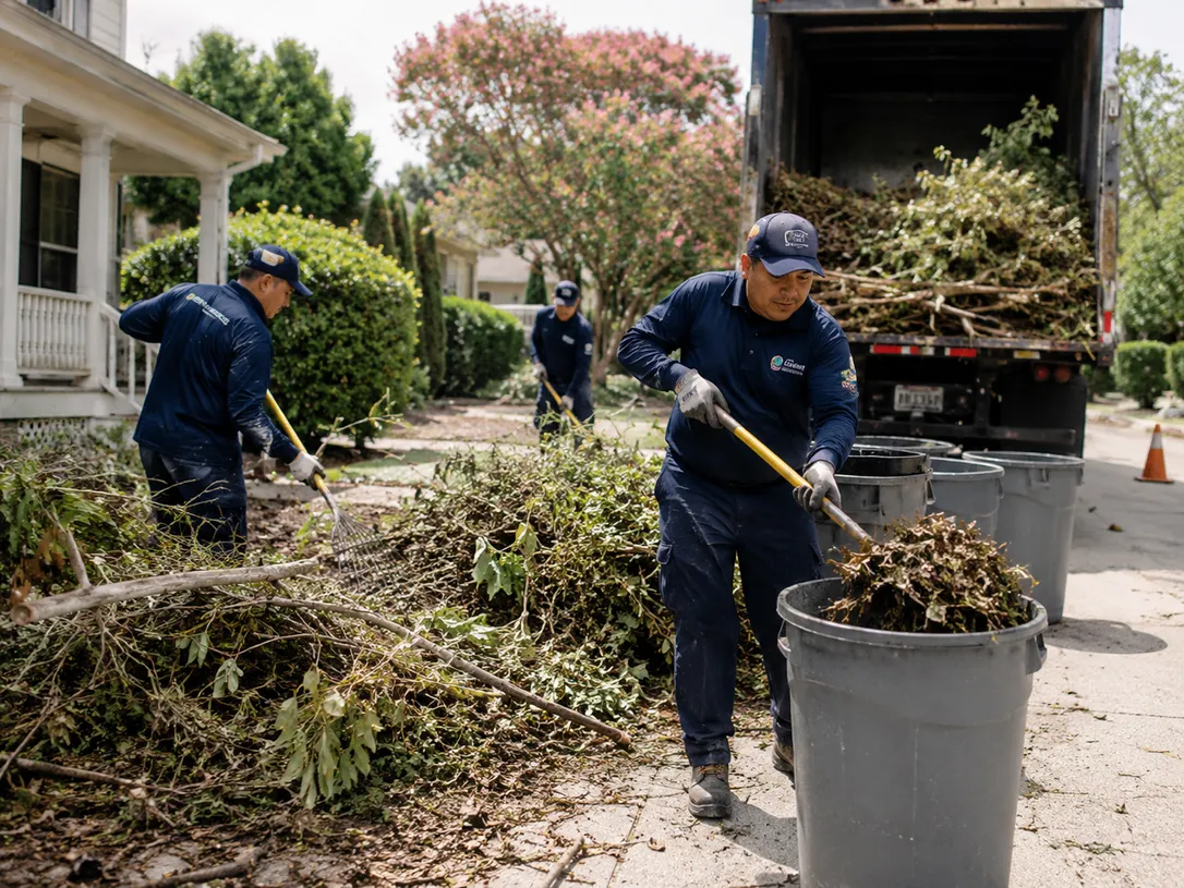 Outdoor debris cleanup crew removing yard and property waste