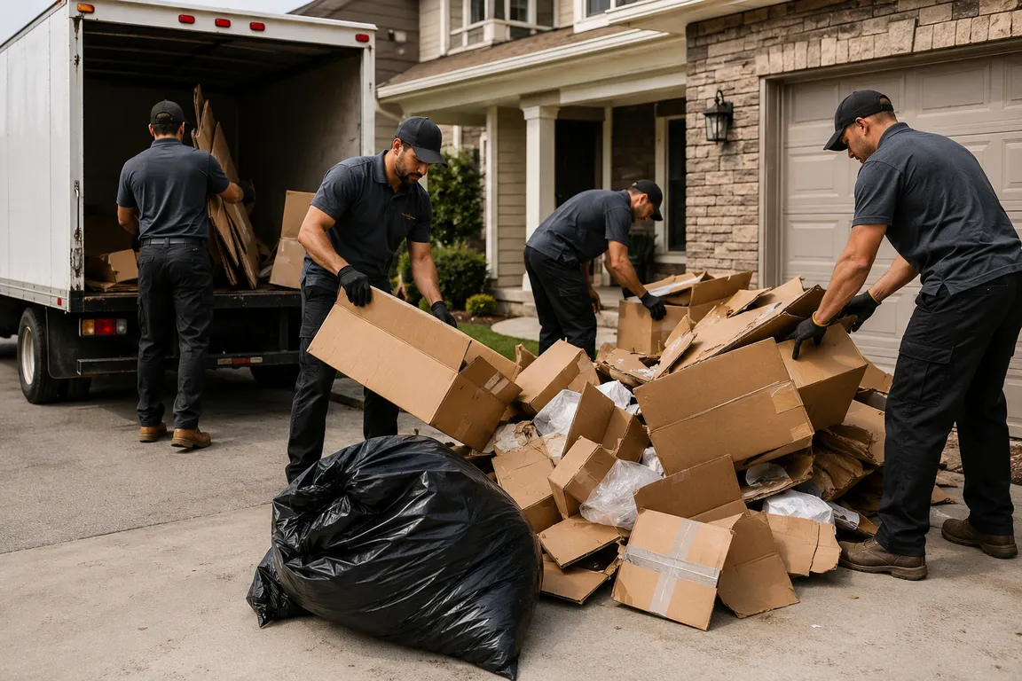Packing debris removal crew collecting cardboard and packaging