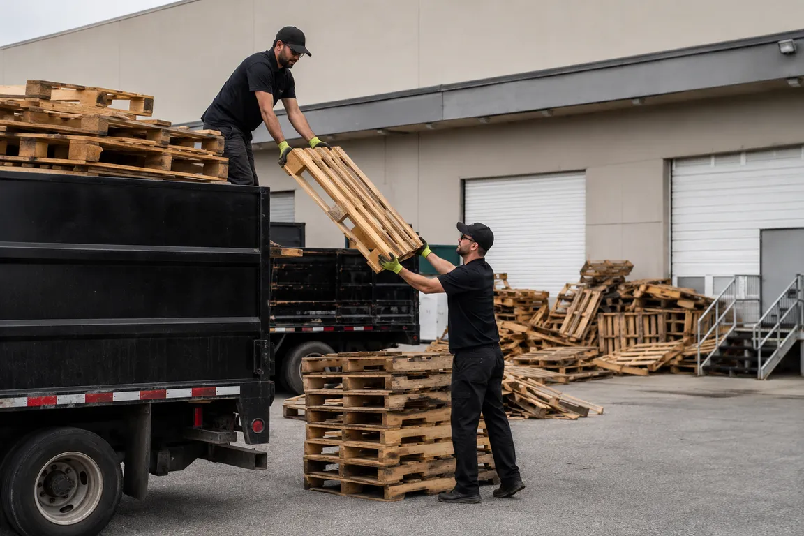 Crew removing wooden pallets from a commercial facility