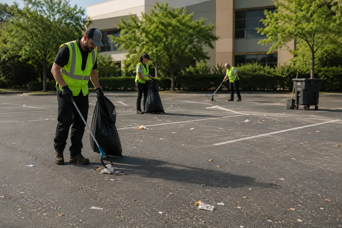 Crew cleaning litter and debris from a parking lot