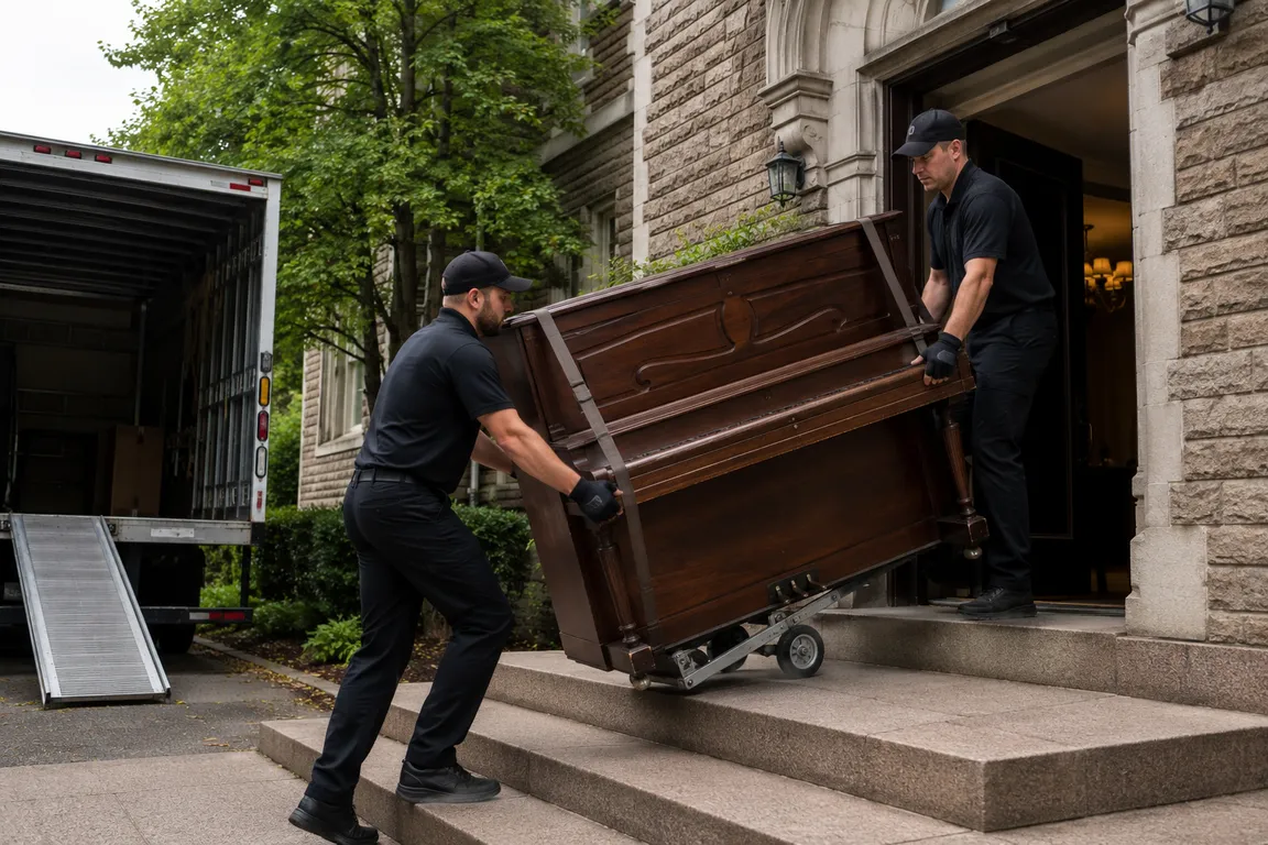 Crew safely removing a heavy piano from a property