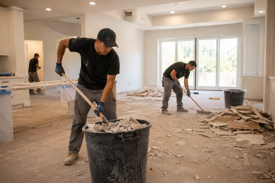 Crew removing renovation debris from a finished property