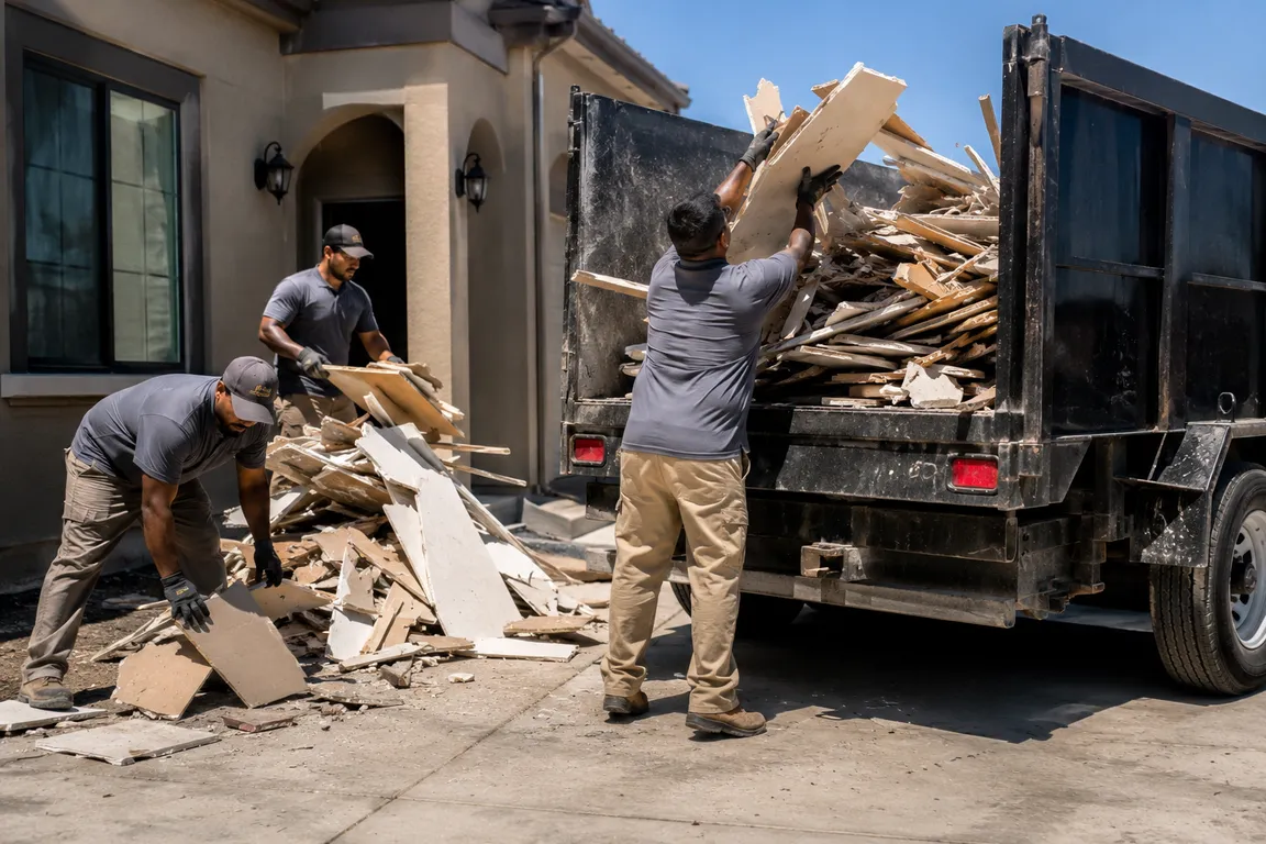 Crew hauling debris and waste from a property cleanup site