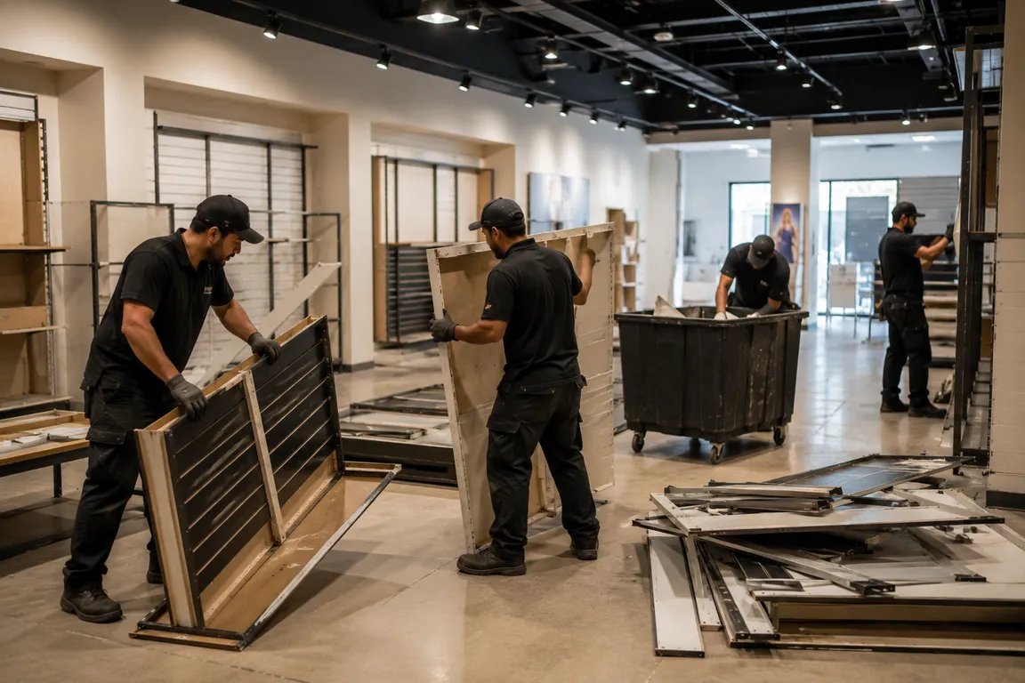 Crew removing retail fixtures from a commercial store