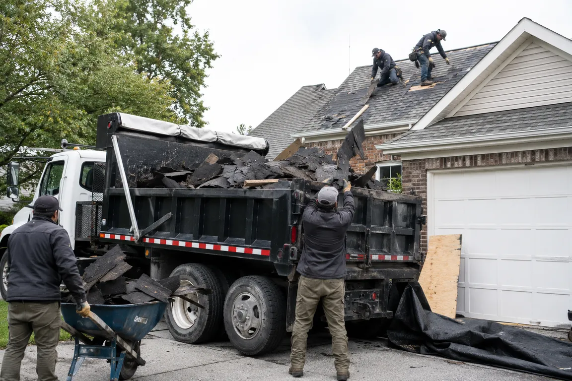 Crew removing roofing debris from a roofing project