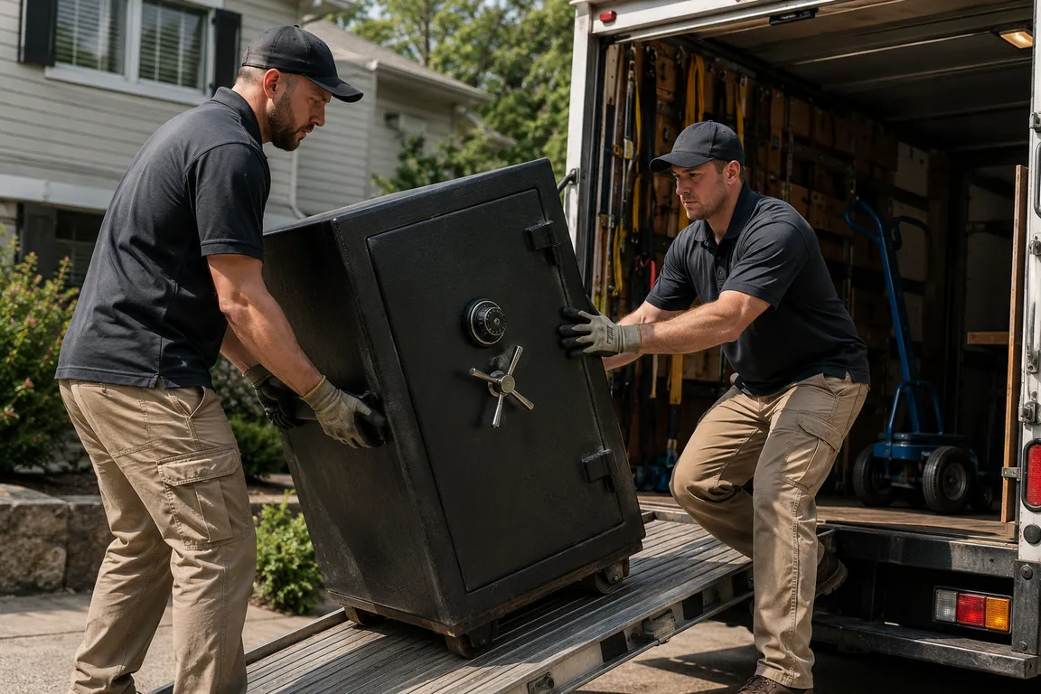 Professional crew safely removing heavy items from a property