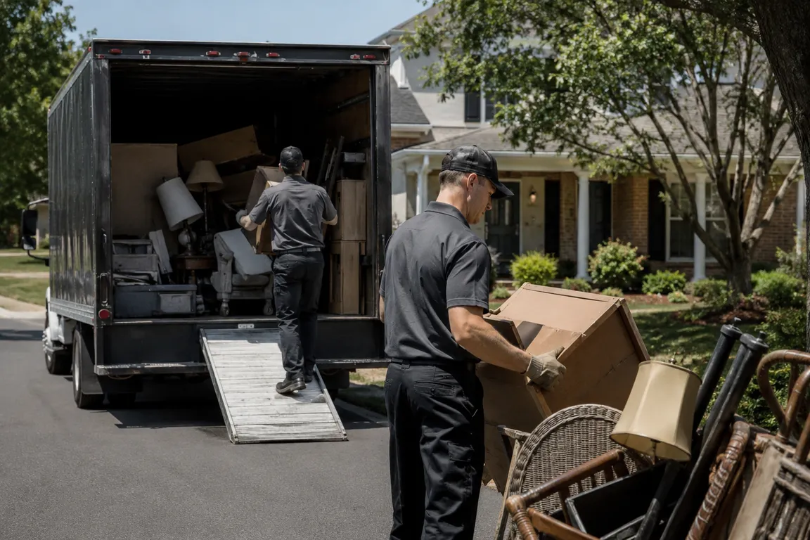 Crew collecting scheduled junk pickup materials from a property