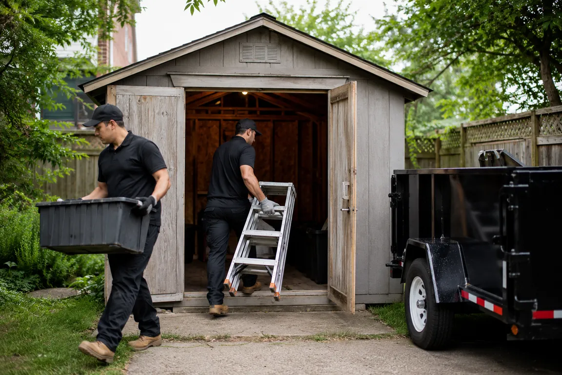 Shed cleanout team removing tools and unwanted items