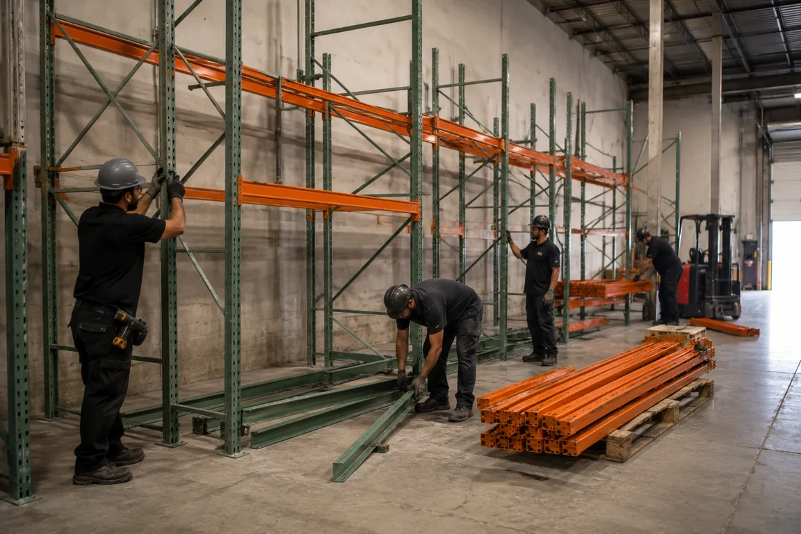 Crew removing shelving units from a commercial property
