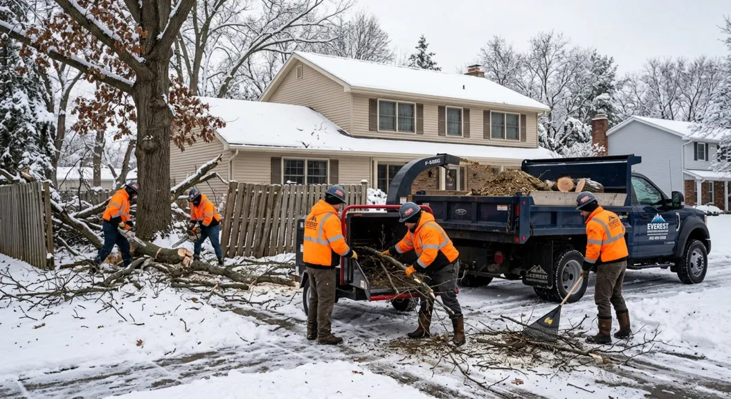 Snow damage cleanup crew removing winter debris from property