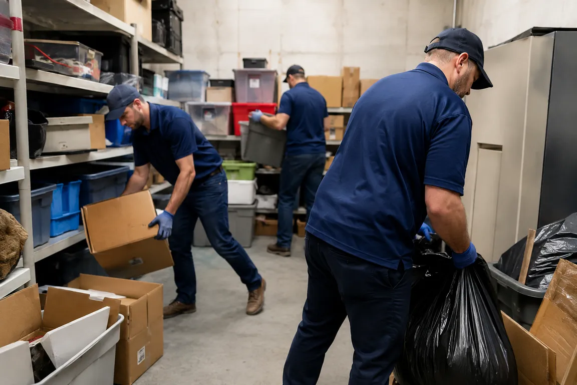Crew cleaning and organizing a cluttered storage area