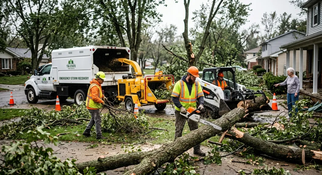 Storm cleanup crew removing fallen branches and debris