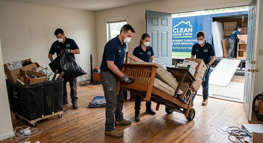 Move-out cleanup team removing furniture from rental property