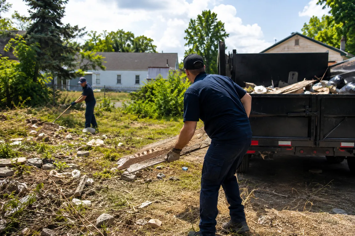 Crew removing debris and junk from a vacant lot
