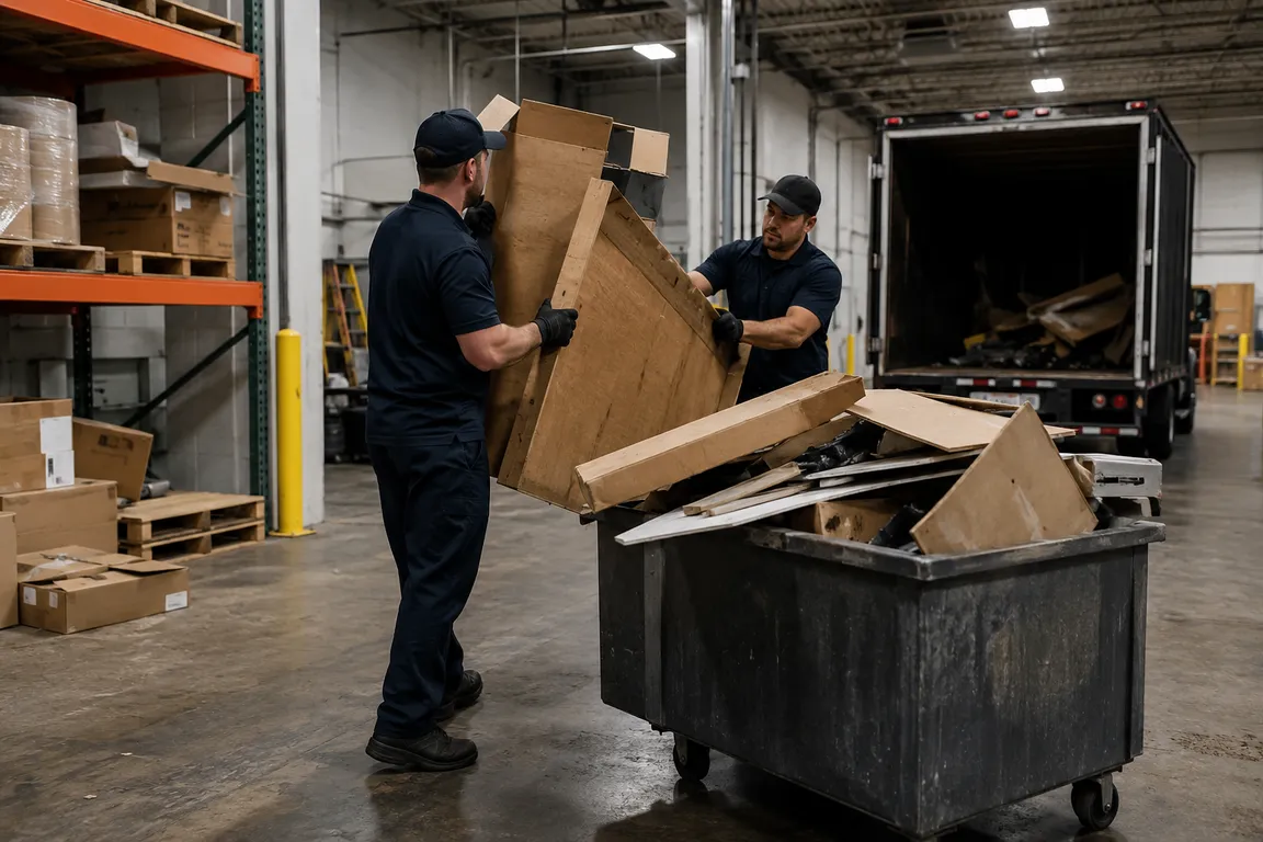 Crew removing unwanted materials from a warehouse facility