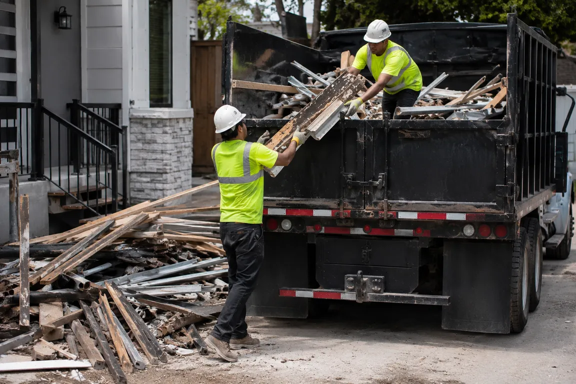 Crew removing wood and metal debris from a property