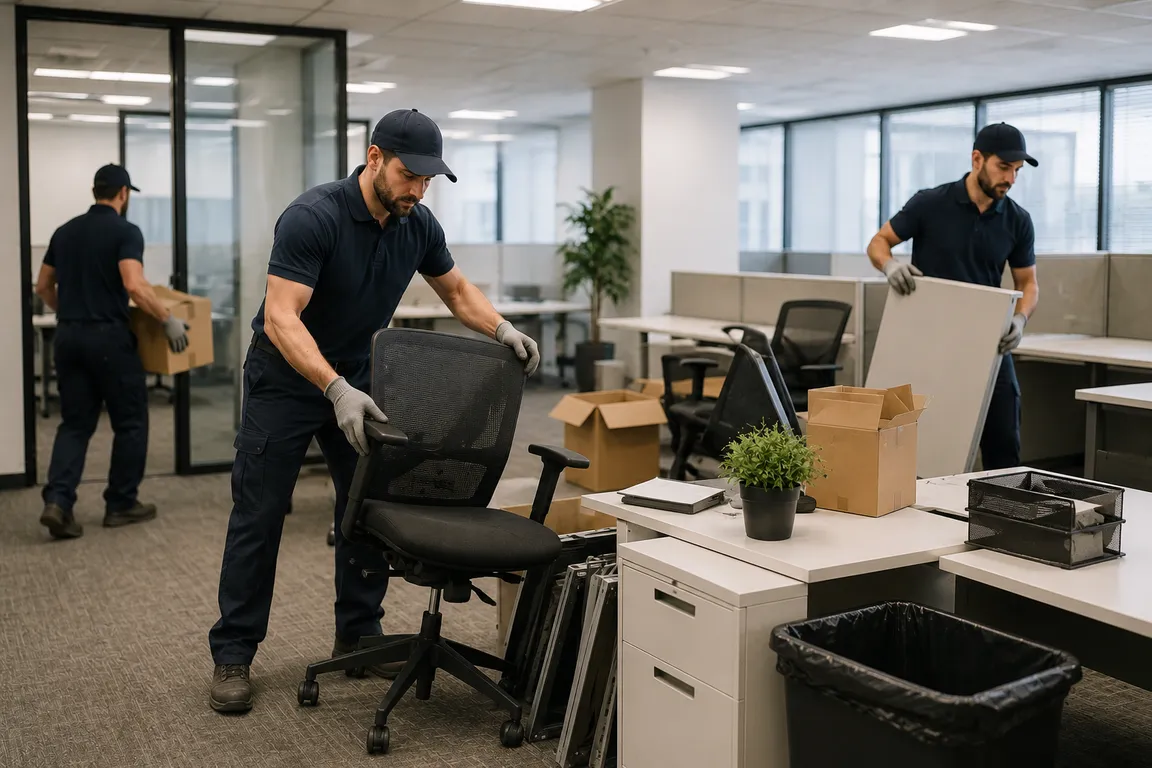 Workspace cleanout crew removing office furniture and clutter