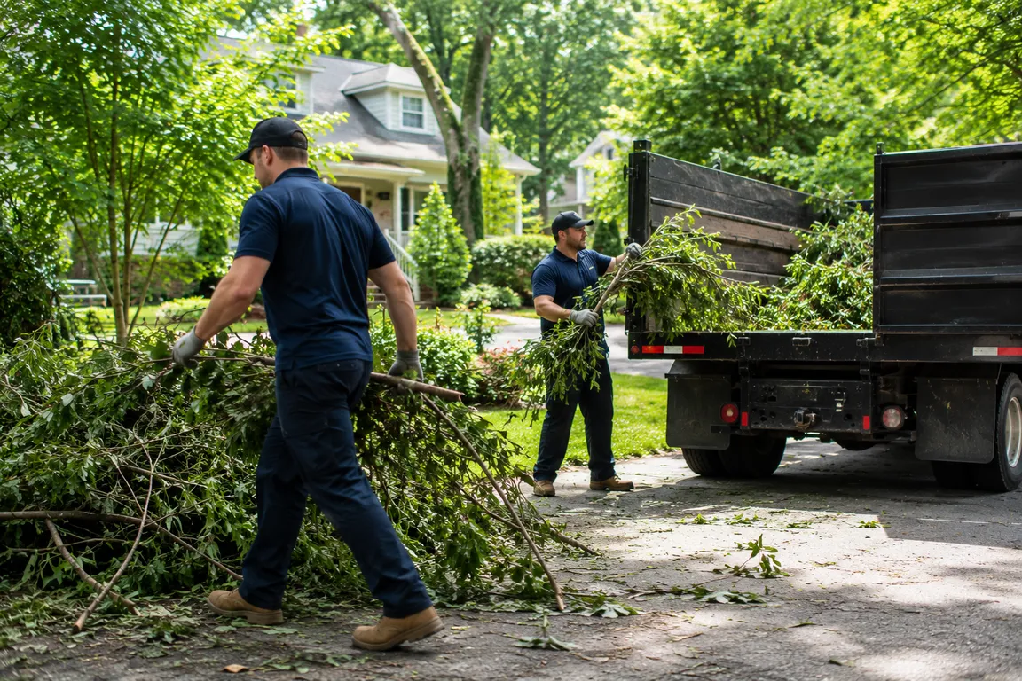 Yard waste removal crew collecting branches and garden debris