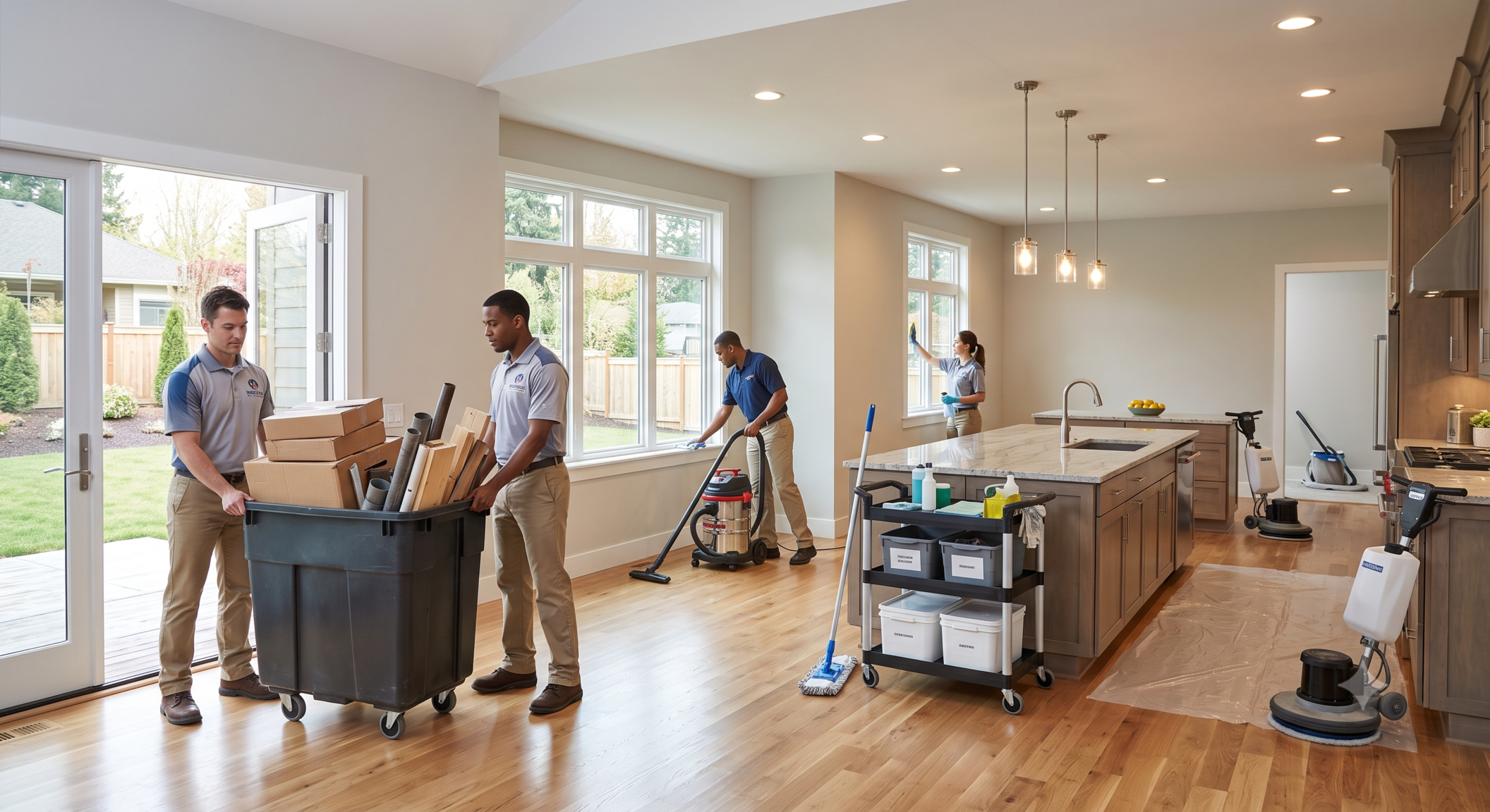 Professional team performing hoarding cleanup and home organization